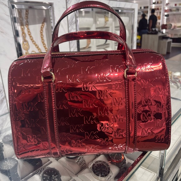 MICHAEL KORS Jet Set Medium Metallic Logo Debossed Satchel
Cherry 
NWT - Picture 12 of 16